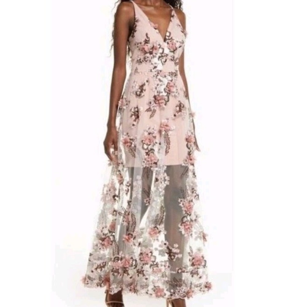Dress The Population Sidney 3D Floral Embroidered Pink Black Gown Dress Size XL